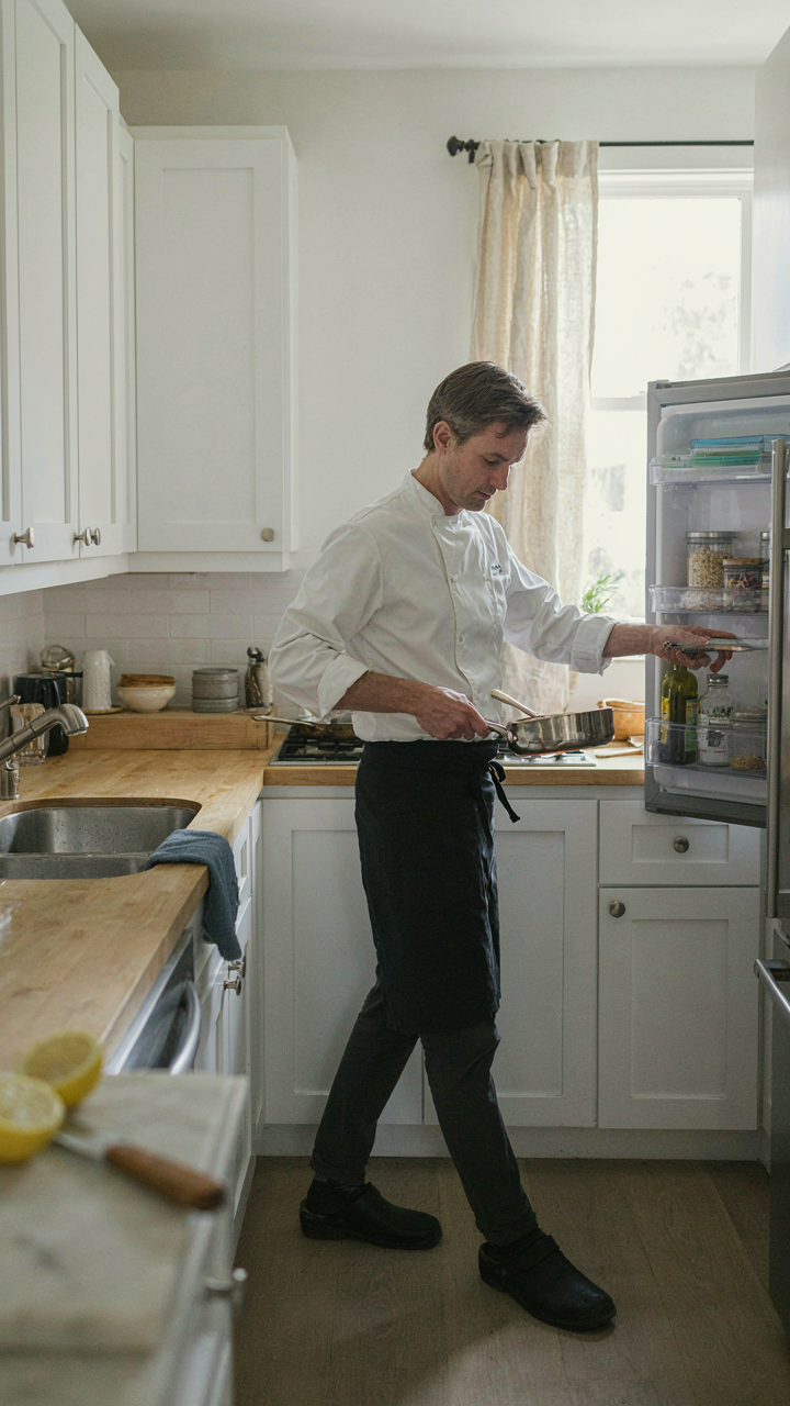 A person's hands efficiently navigate a kitchen's work triangle.