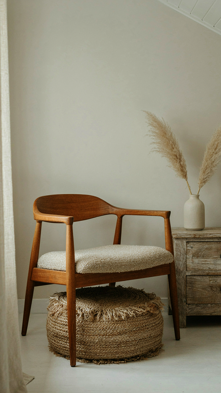A mid century chair, woven pouf, and weathered table in a coastal cottage.