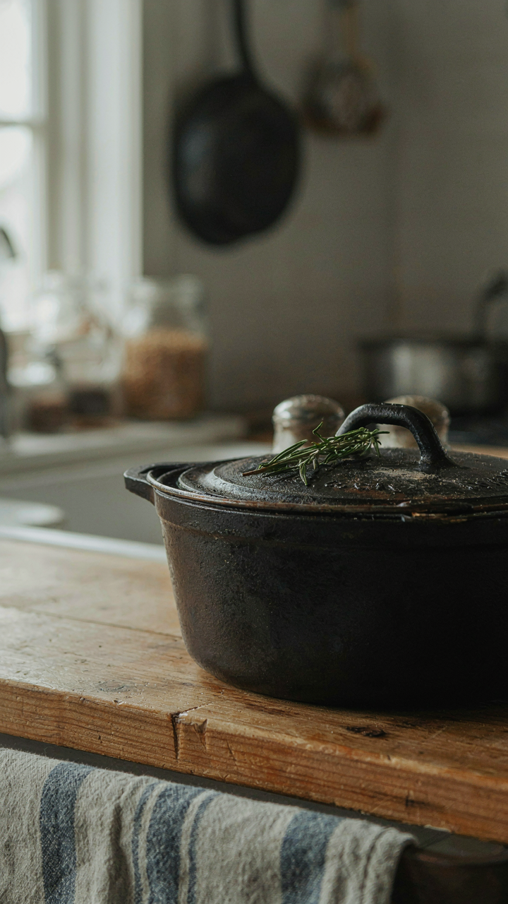 An antique cast iron cooking pot rests on a weathered wooden shelf.