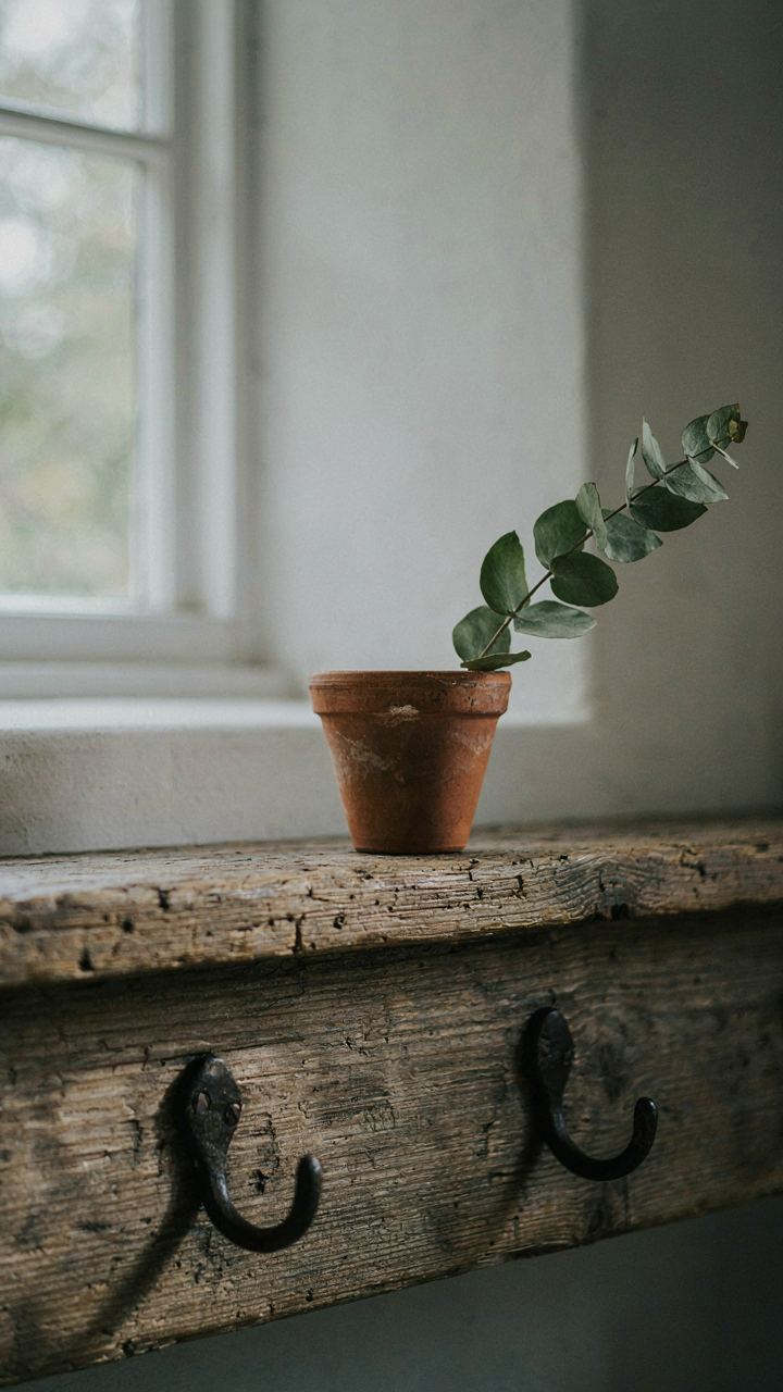 A reclaimed wooden mantelpiece with a rough texture and visible imperfections.