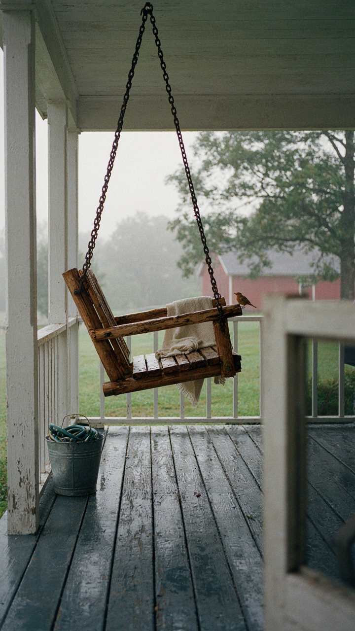 A rustic, hand-split wooden swing sits on a wide, weathered farmhouse porch.