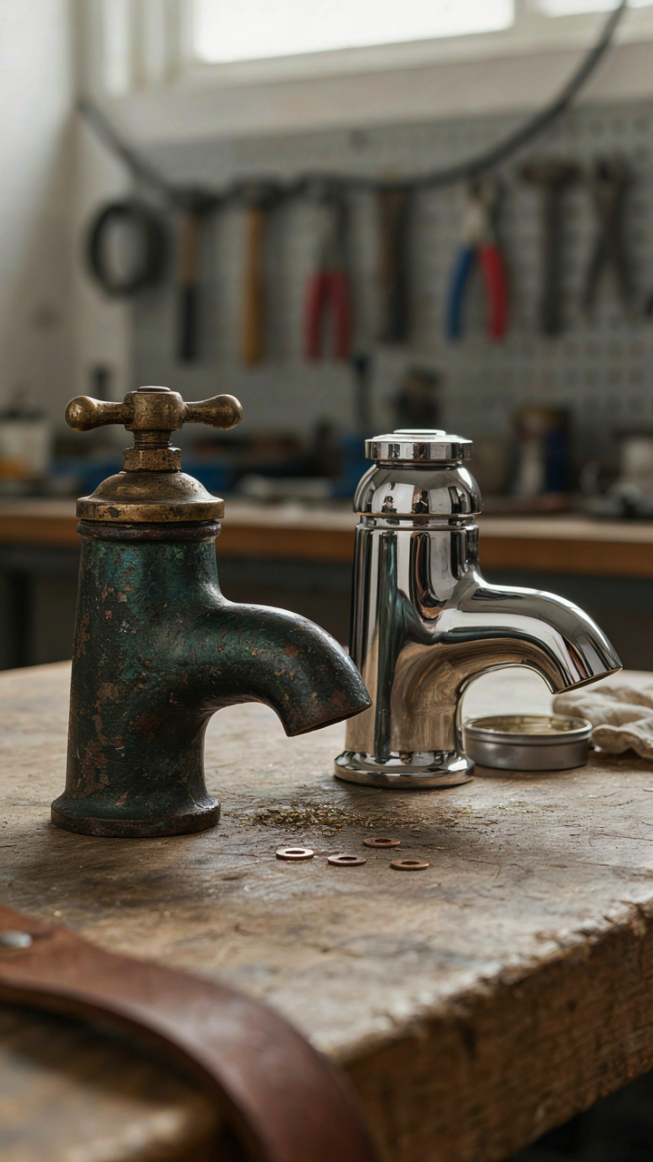 An authentic antique faucet with patina beside a new, shiny reproduction faucet.