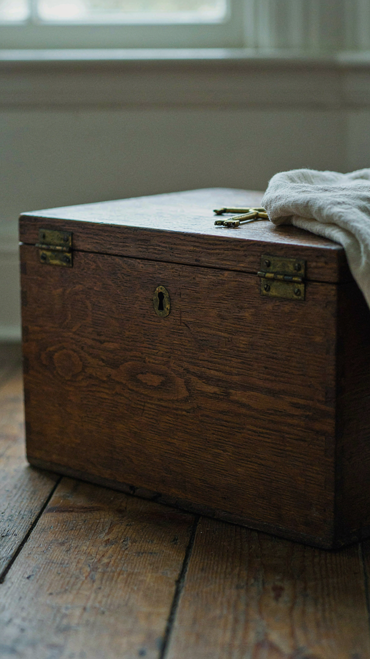 An antique wooden chest showing genuine wear from years of use.