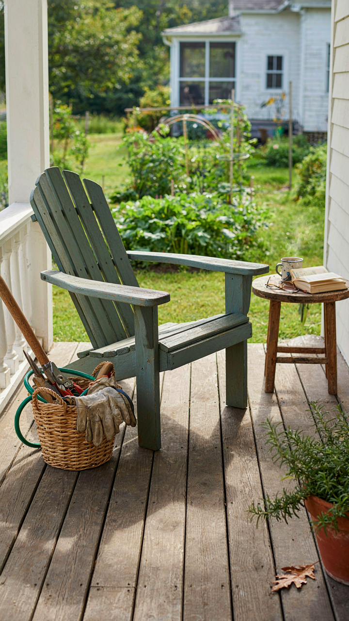 Well-used farmhouse porch with worn wooden chair and garden tools, showing authentic wear.