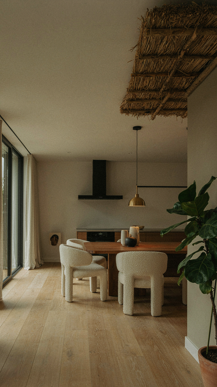 A modern room with a peek at a rustic thatched ceiling.