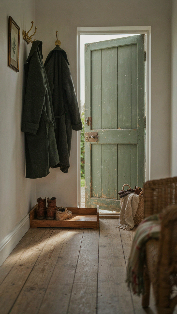 A coat hook at shoulder height next to a door, with a shoe tray below it.