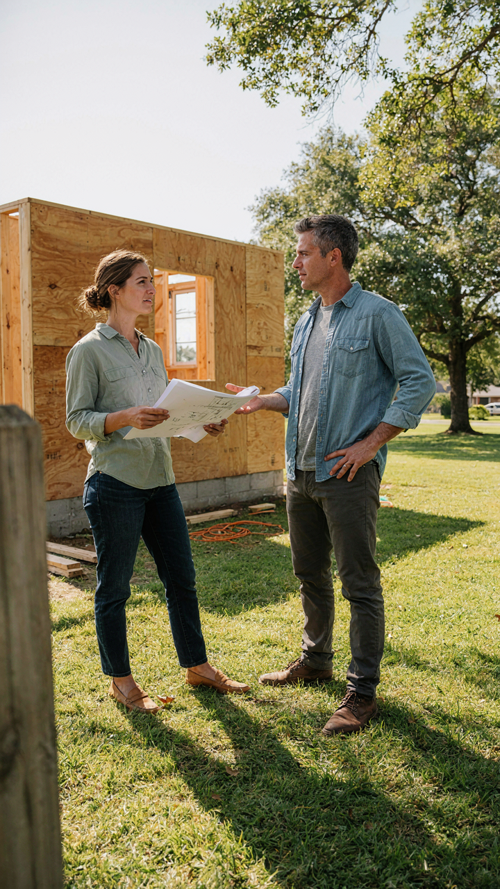 Two neighbors discuss a construction plan in a backyard with a partially built cottage.