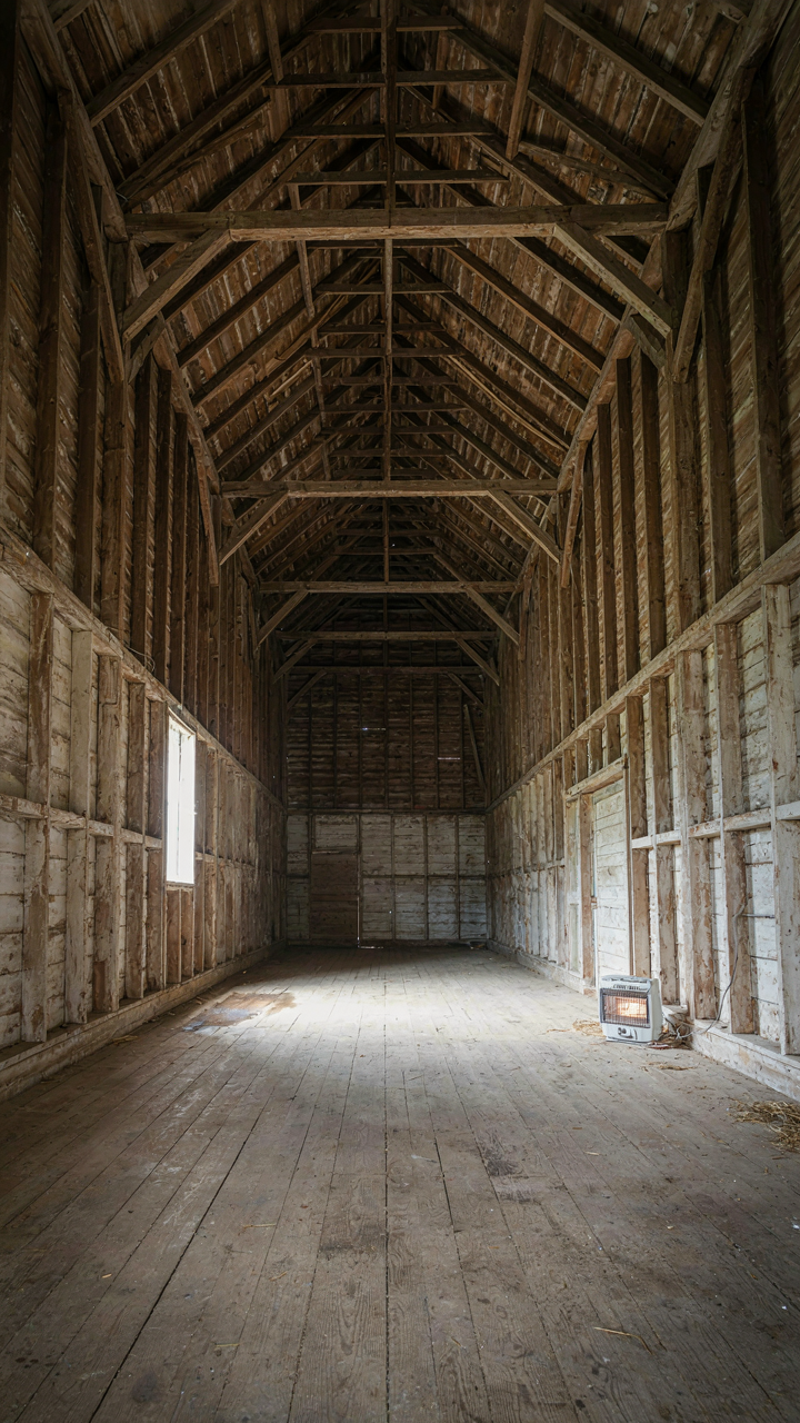 A large, empty barn interior with soaring ceilings, showing the hidden costs of excessive space.