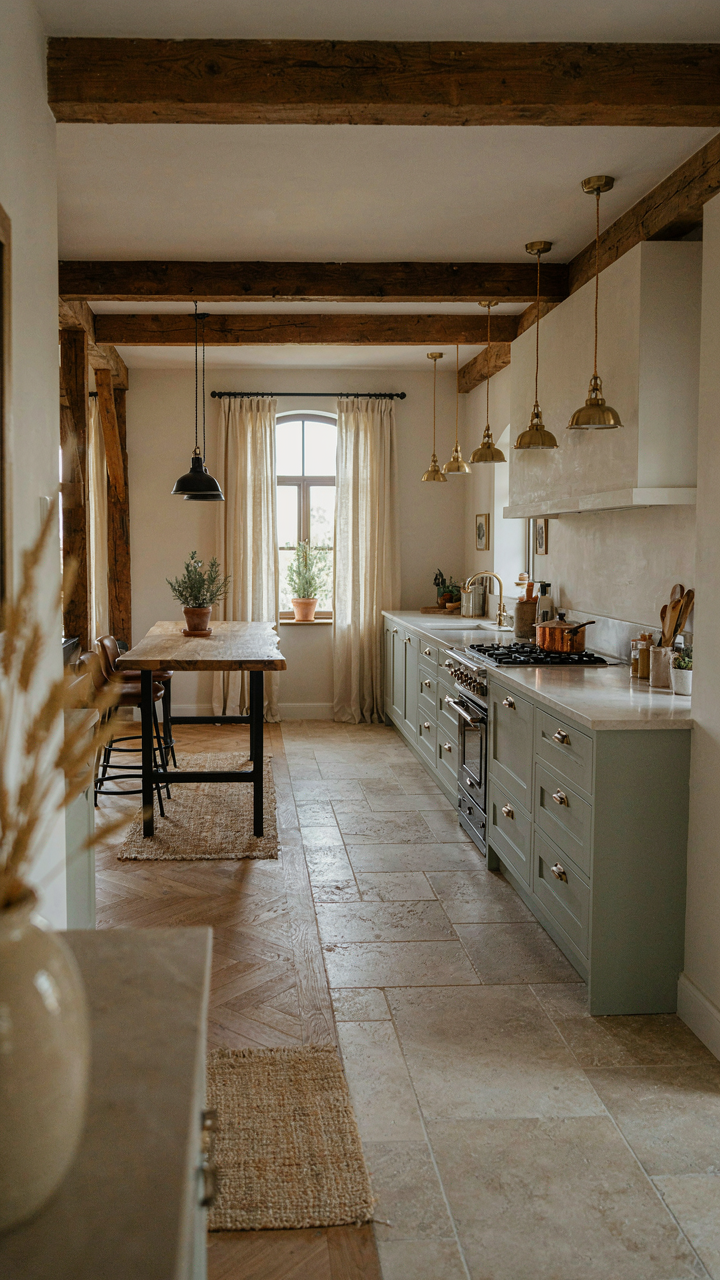 An island creates a natural division in an open plan barn house kitchen.
