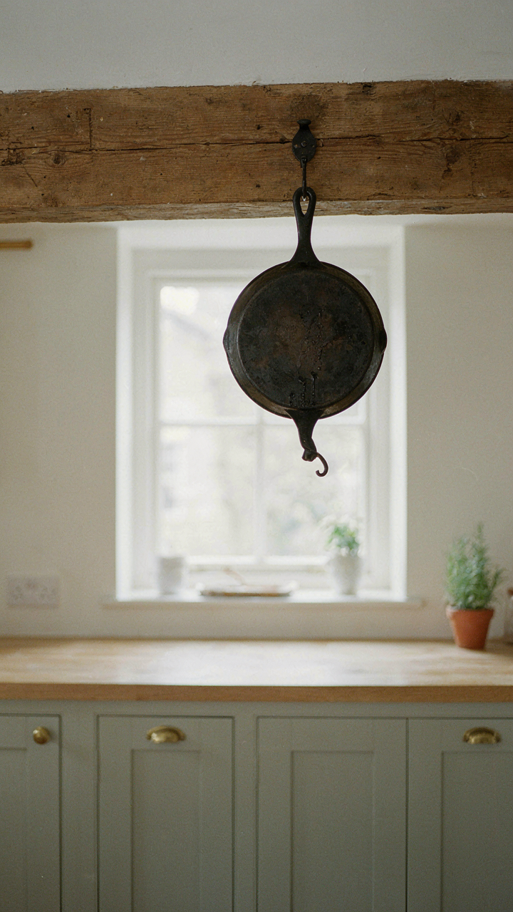 A cast iron skillet hangs from a timber beam in a tidy kitchen.