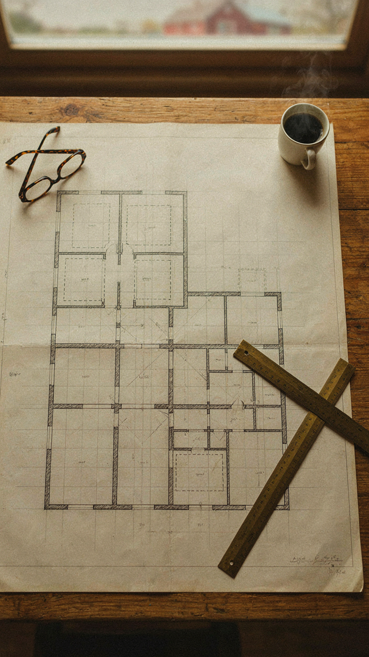 An architect's blueprint showing structural beams under a barn house bedroom layout.