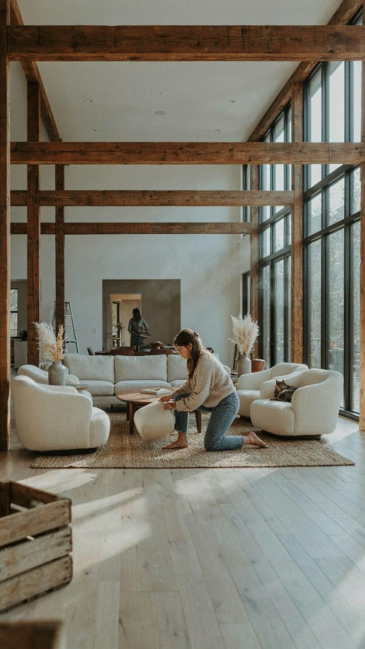 A person arranging furniture in an open concept barn style home with post and beam construction.