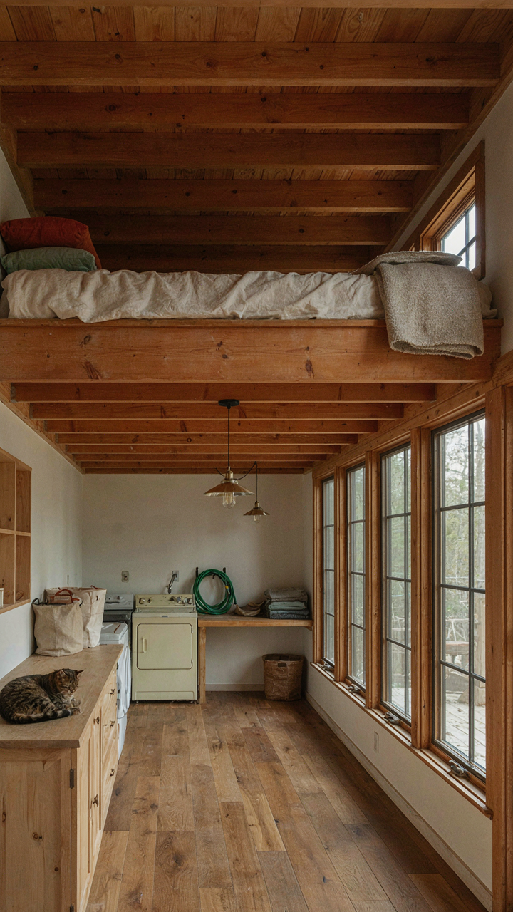 Interior of a small barndominium with a loft built over a low-utility area.