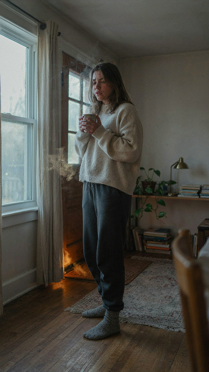 A person stands in a large, cold room, demonstrating heat loss from an open-concept space.