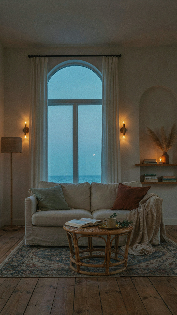 A living room at dusk with varied light sources creating a cozy glow.