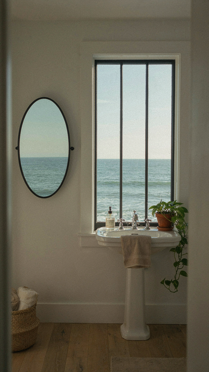 A large, off-center window offers a view of the ocean from a coastal bathroom.