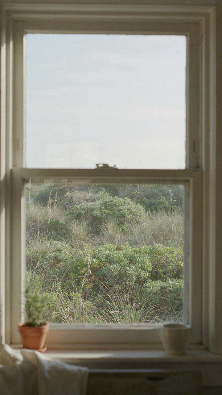 A window view from inside a beach cottage shows a framed landscape.