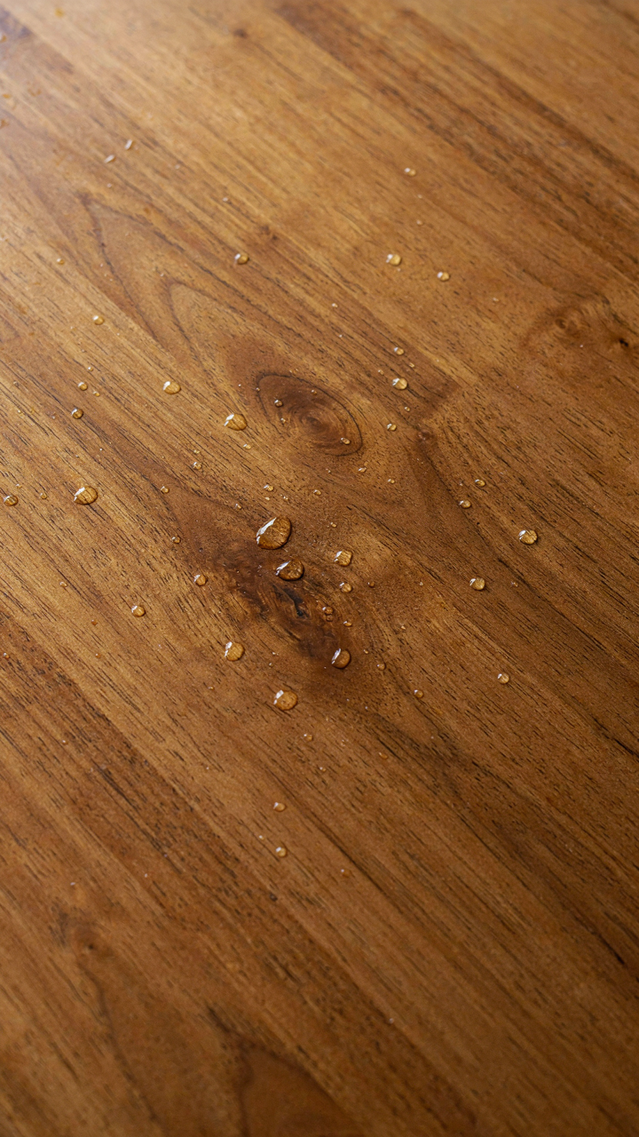 A close-up of a solid teak dining table with water droplets.