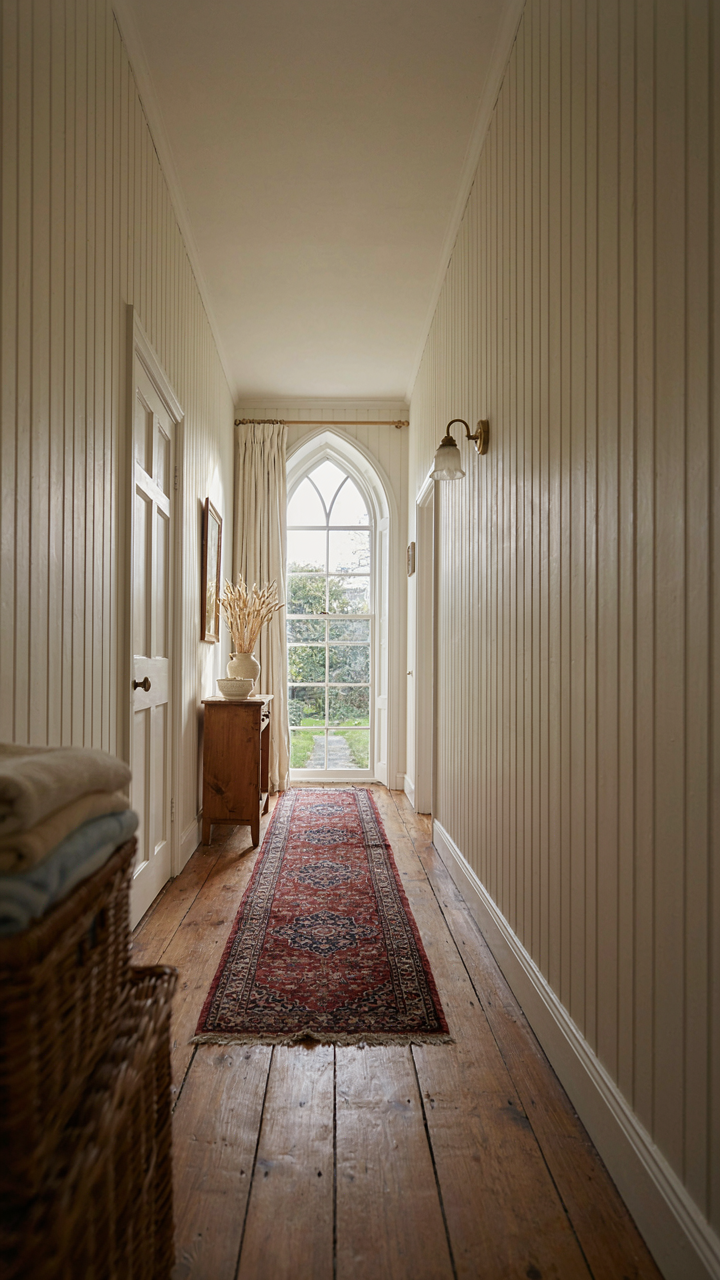 A cottage hallway with floor-to-ceiling white beadboard walls making the space feel tall.