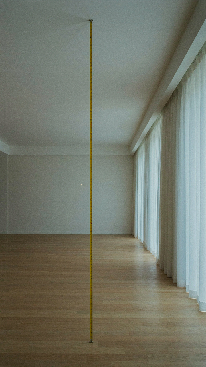 A measuring tape hangs from a tall ceiling in a spacious, empty room.