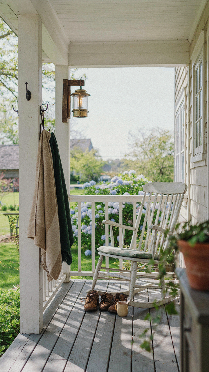 Compact farmhouse porch with a single rocking chair and vertical storage solutions.