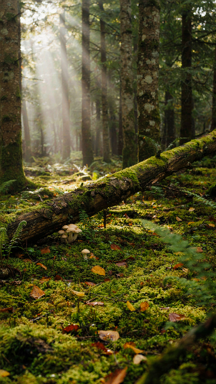 Sunlight filters through trees onto a forest floor covered in moss and logs.