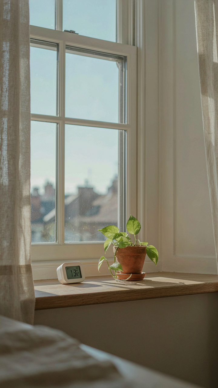 A digital meter on a windowsill shows healthy humidity levels in a room.