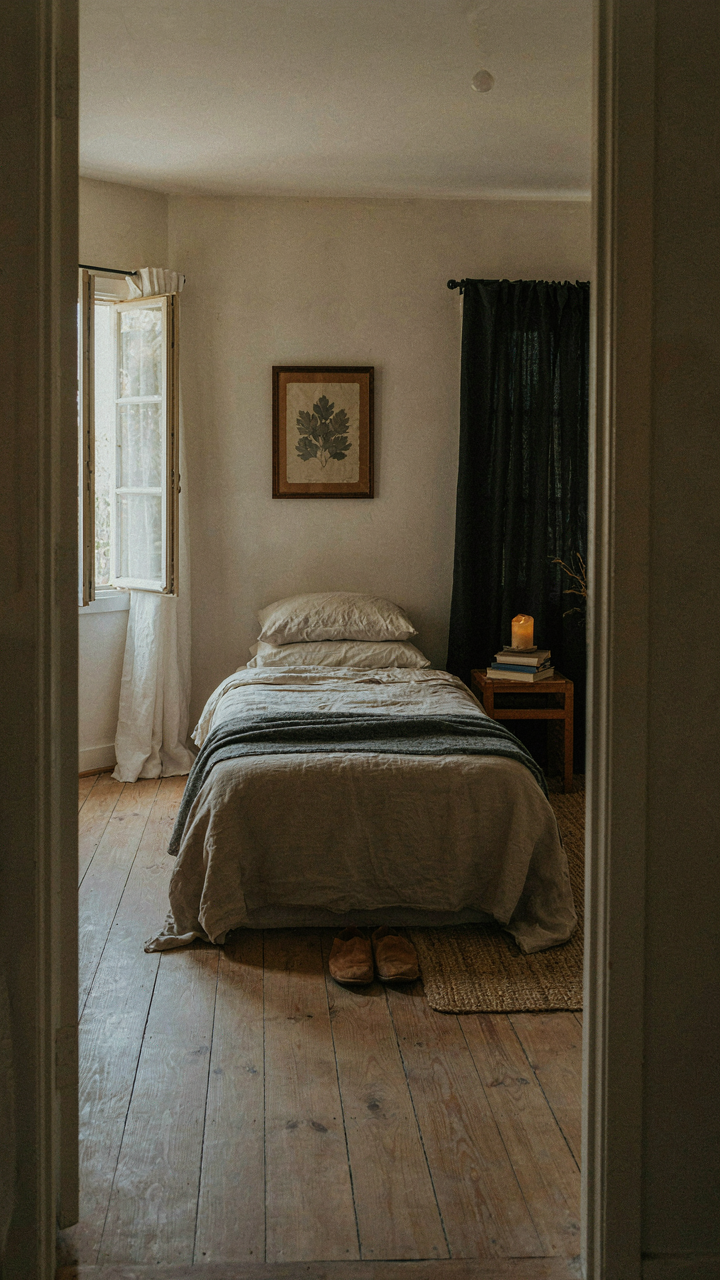 A cabin bedroom with blackout curtains and an open east-facing window.