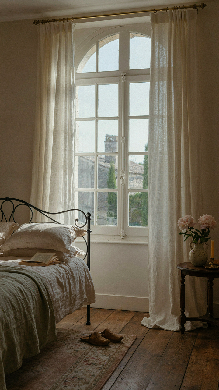 An east-facing bedroom window with sheer linen curtains filtering soft morning light.