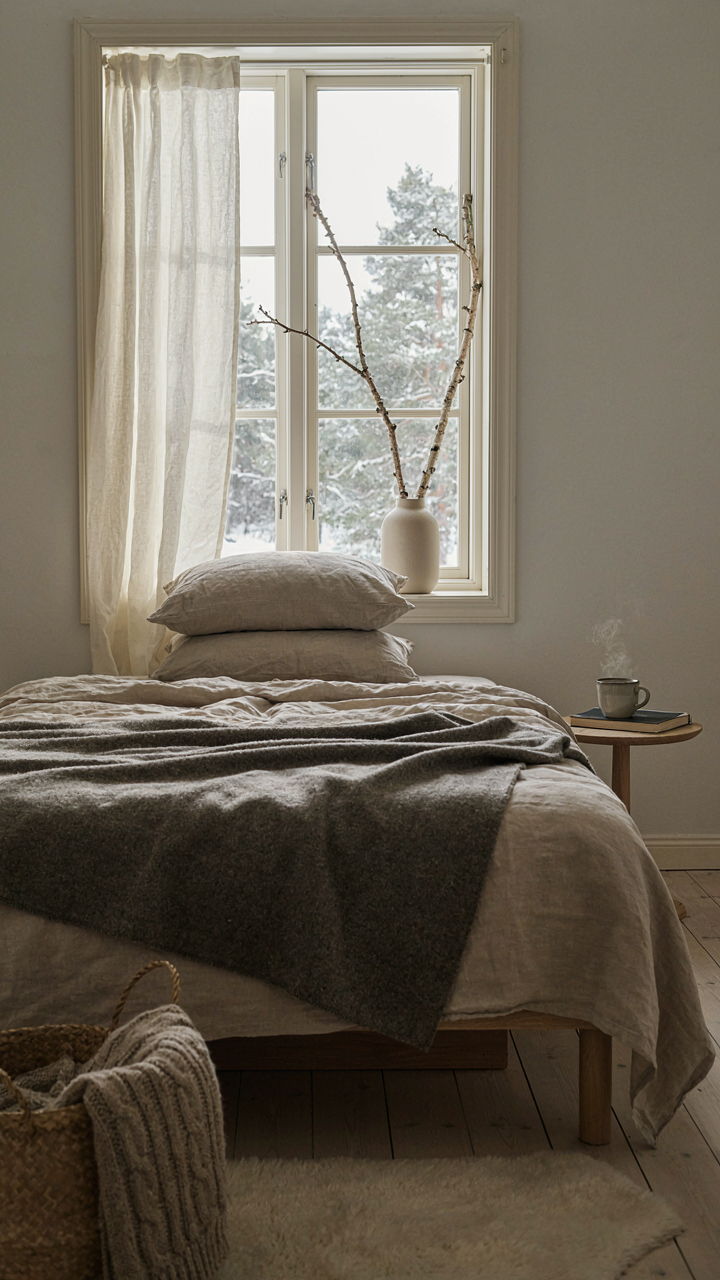 A bed with layered linen and wool bedding beneath an open window.