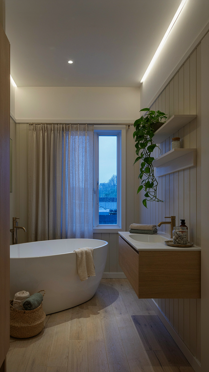 A scandinavian cottage bathroom with soft, warm evening light.