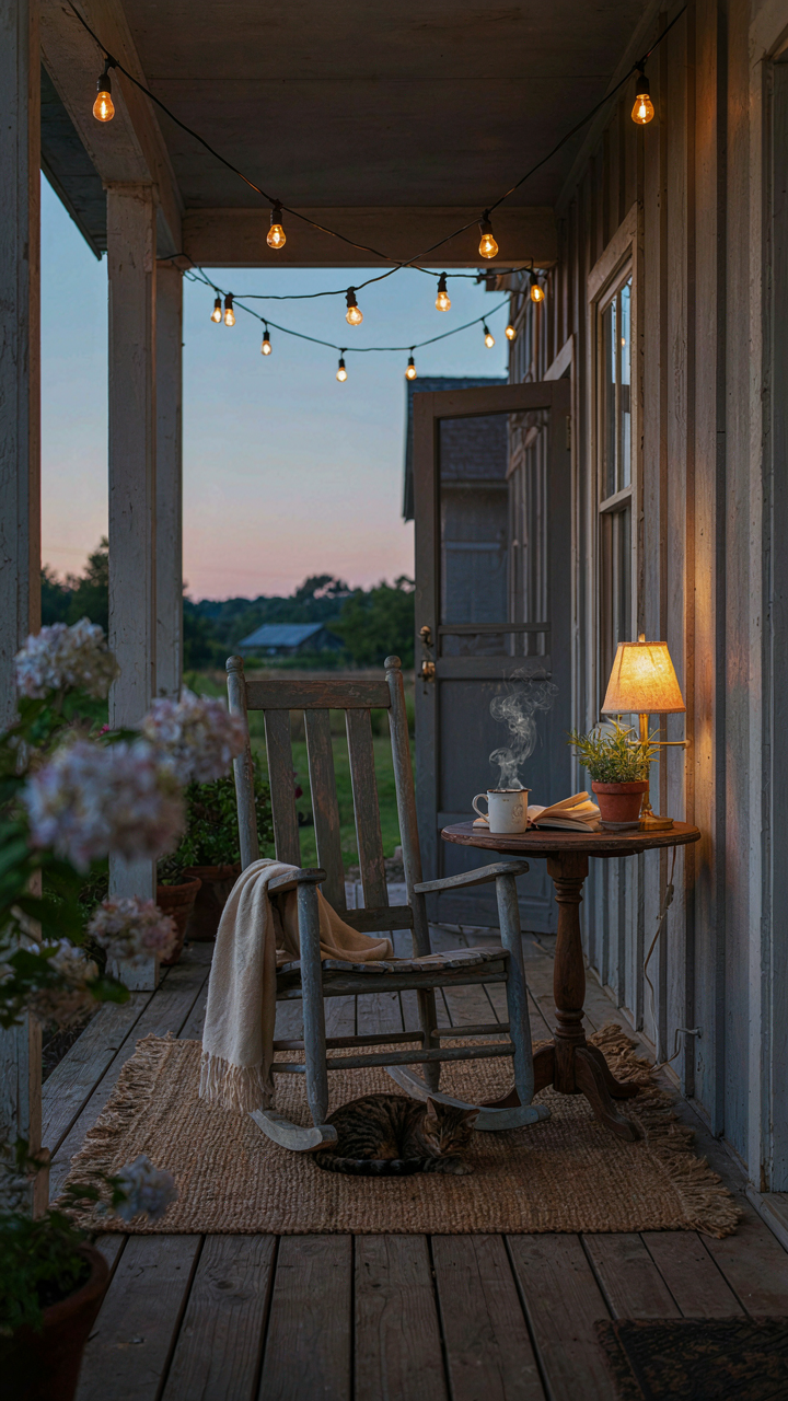 Warmly lit farmhouse porch at dusk with amber string lights and a table lamp.