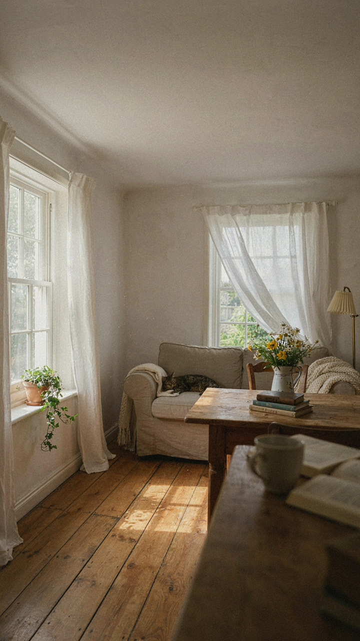 An 800 square foot cottage interior with open windows allowing cross-ventilation.