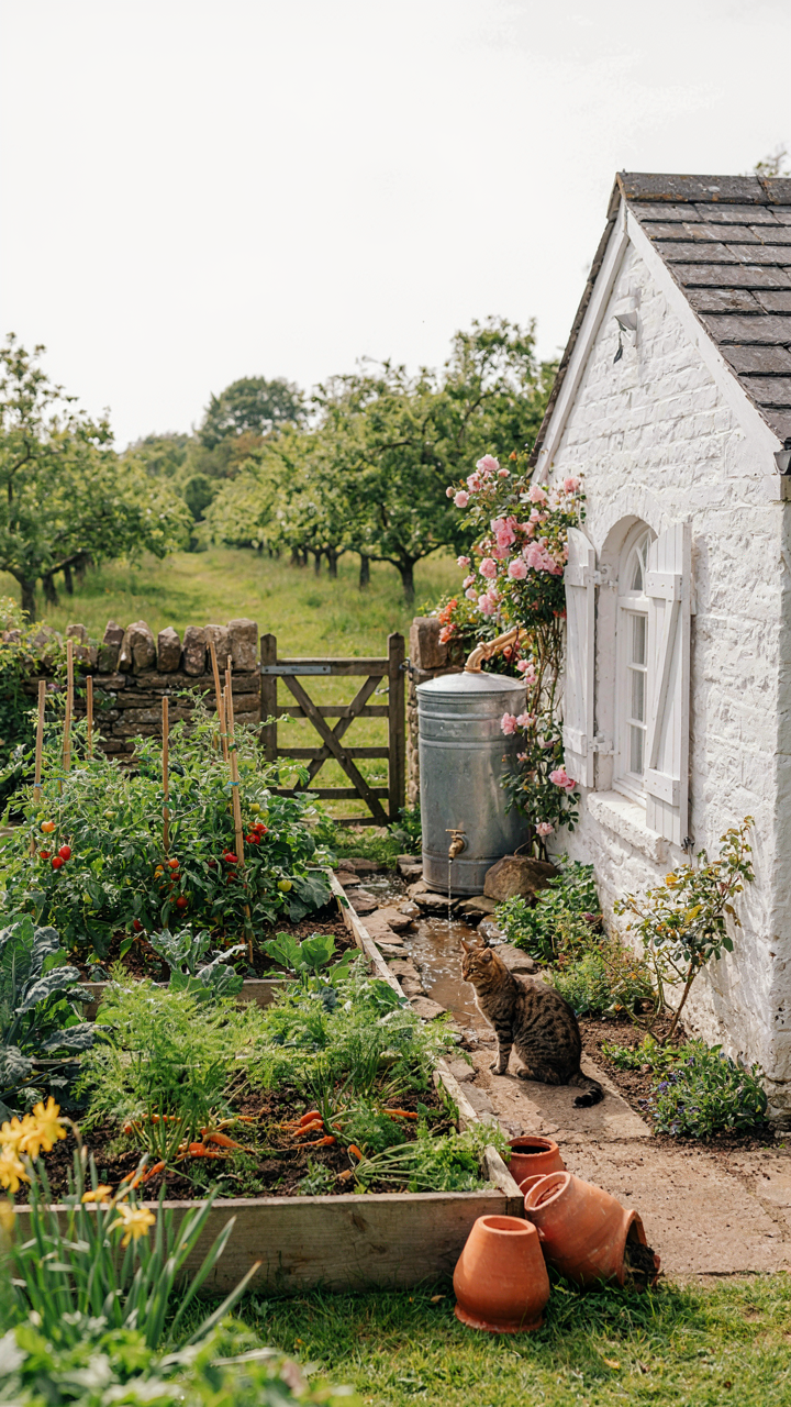 A small garden with a rainwater collection system next to a mini cottage.