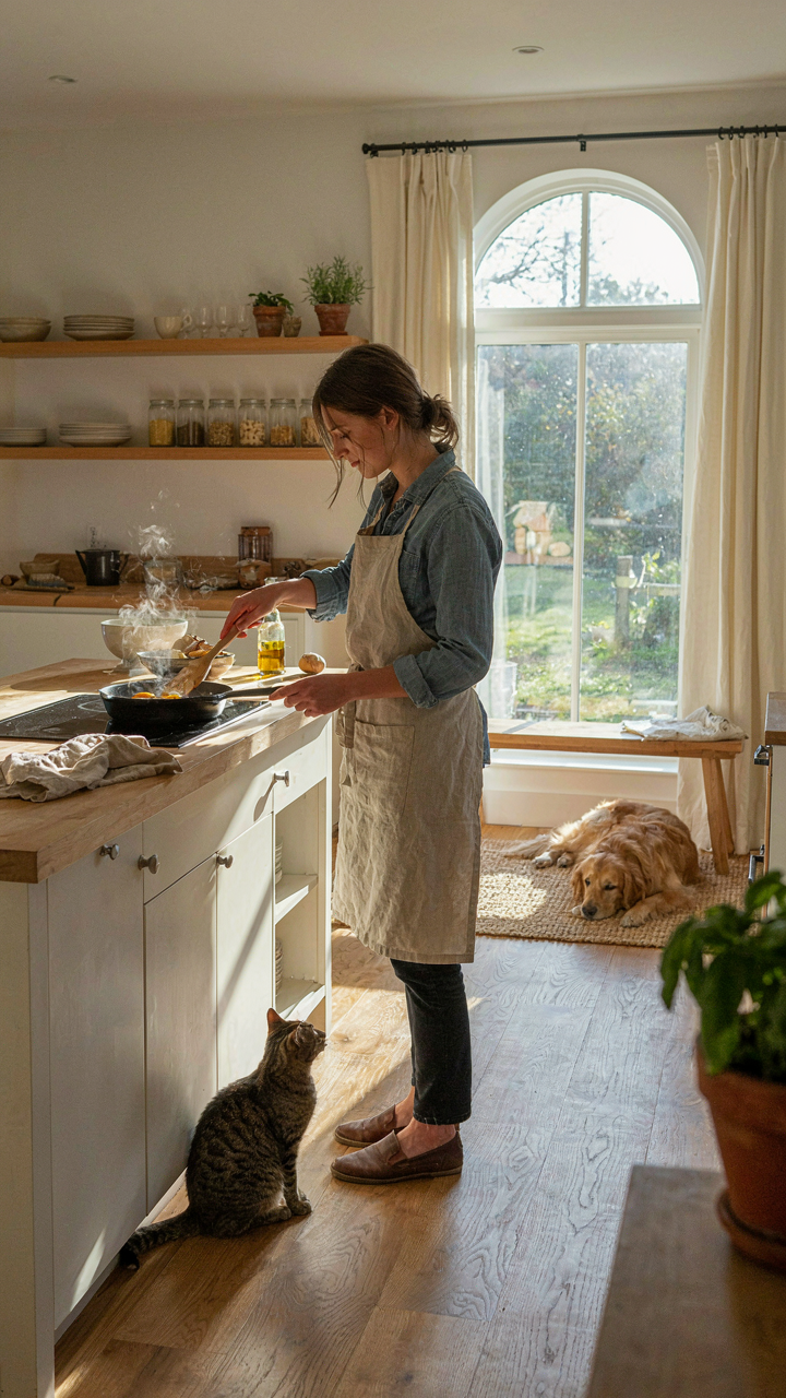 Person preparing breakfast in a sun-drenched open concept cottage kitchen.