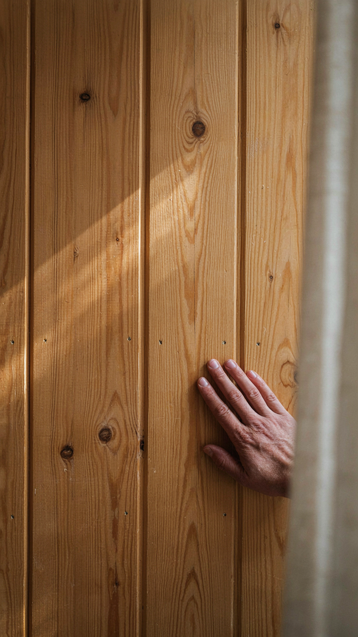 A hand touching a raw, unfinished solid pine wall inside a cabin.