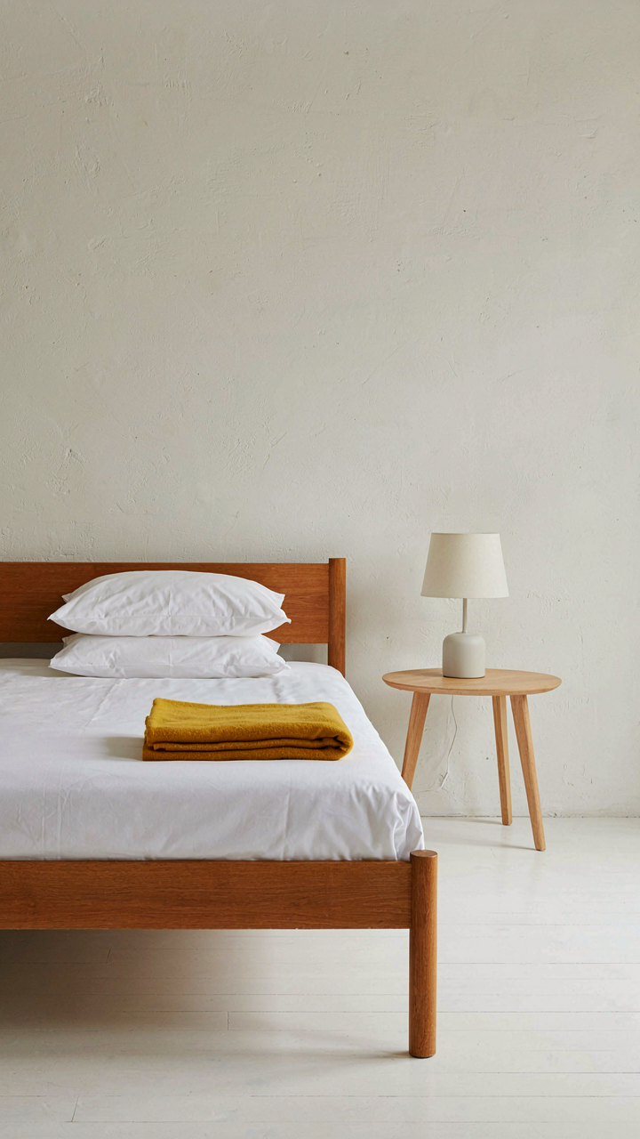 A simple wooden bed frame with clean linen sheets and a minimal lamp.