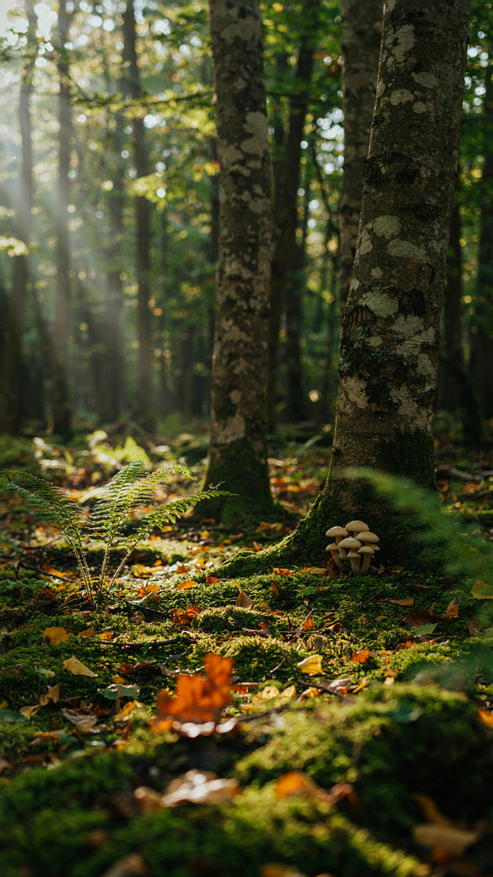 Dappled sunlight on a serene forest floor, showing muted greens, grays, and browns.