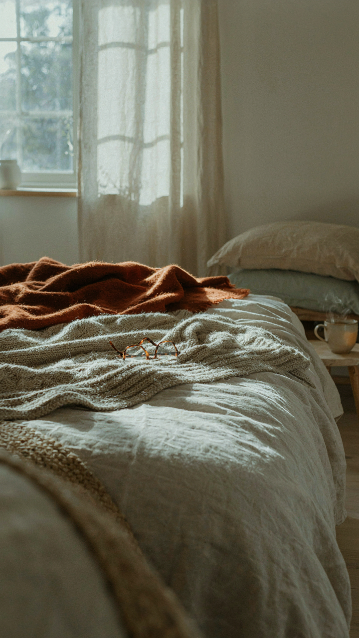 Layered wool and linen blankets cover a bed in a scandinavian cottage bedroom.