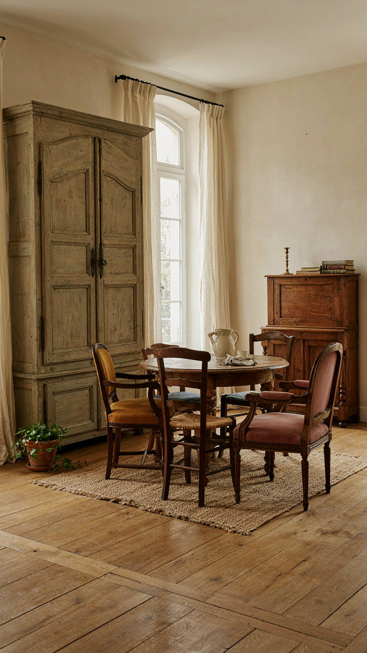 Clustered French country furniture arranged like trees in a natural forest.