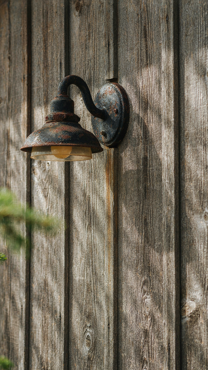 A close-up of a vintage cast iron fixture with natural patina on a cedar wall.