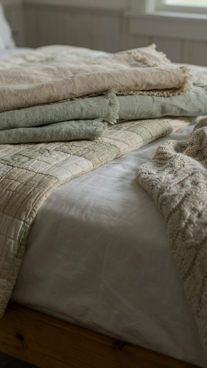 Close-up of a bed with layered cotton, linen, and quilted bedding.