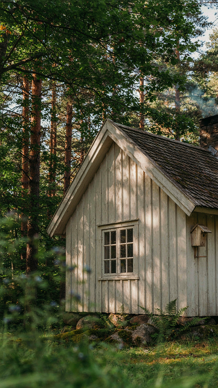 Dappled sunlight filters through a forest canopy onto a nordic cottage window.