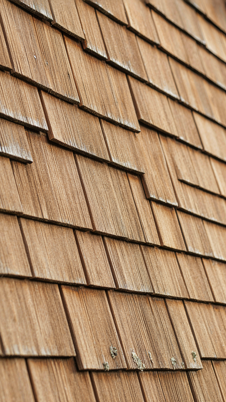 Extreme close up of weathered cedar shingles on a wall.