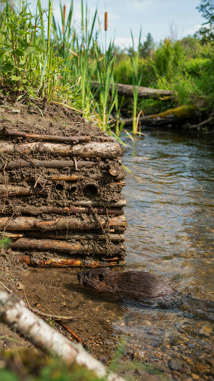 A cutaway view of a beaver dam, showing layered materials and air pockets for insulation.
