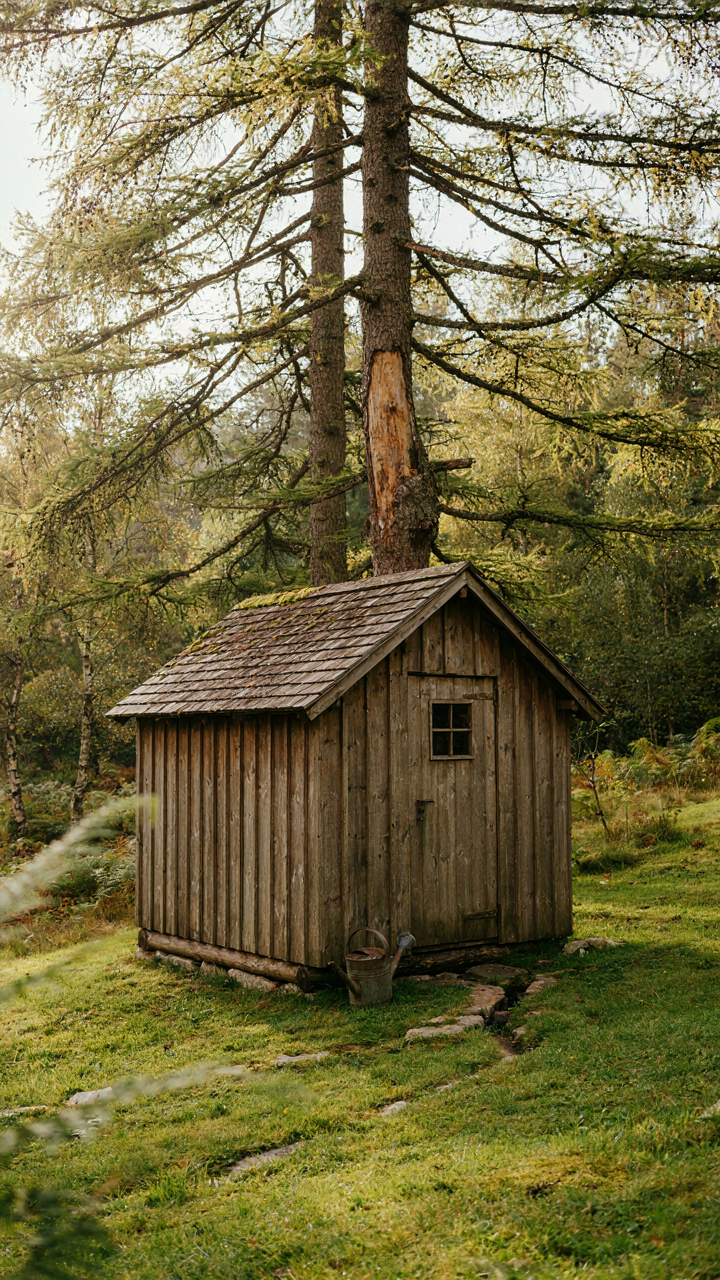 A rustic garden shed sits on a slope, showing good drainage and a larch tree.