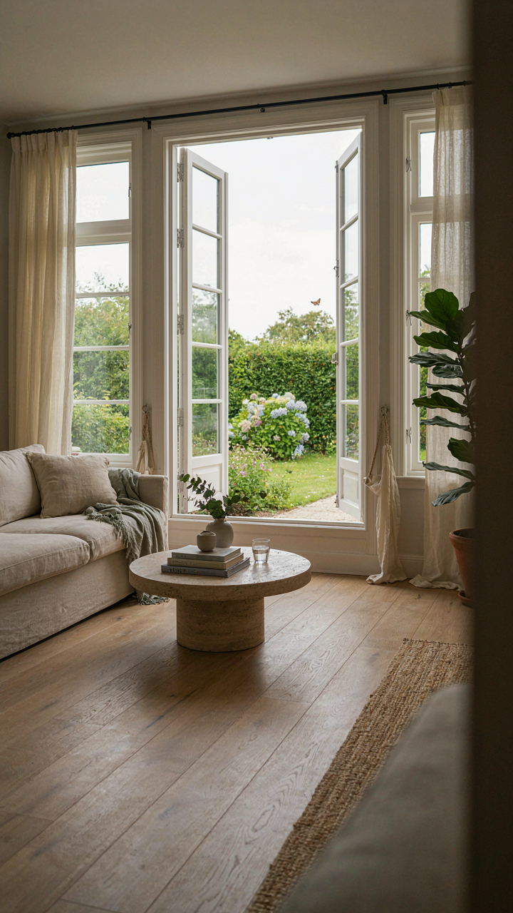 A bright living room has open windows leading to a garden and a seamless floor.