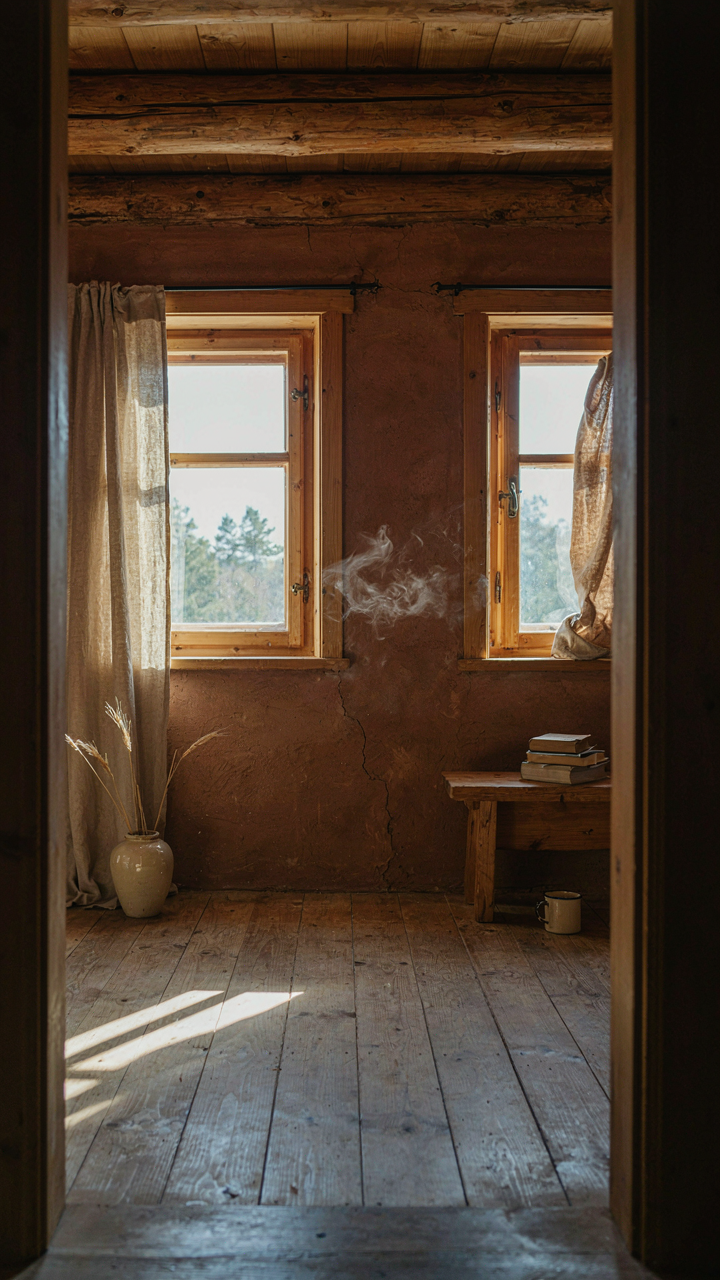 A small cabin interior shows cross-ventilation from two open windows.