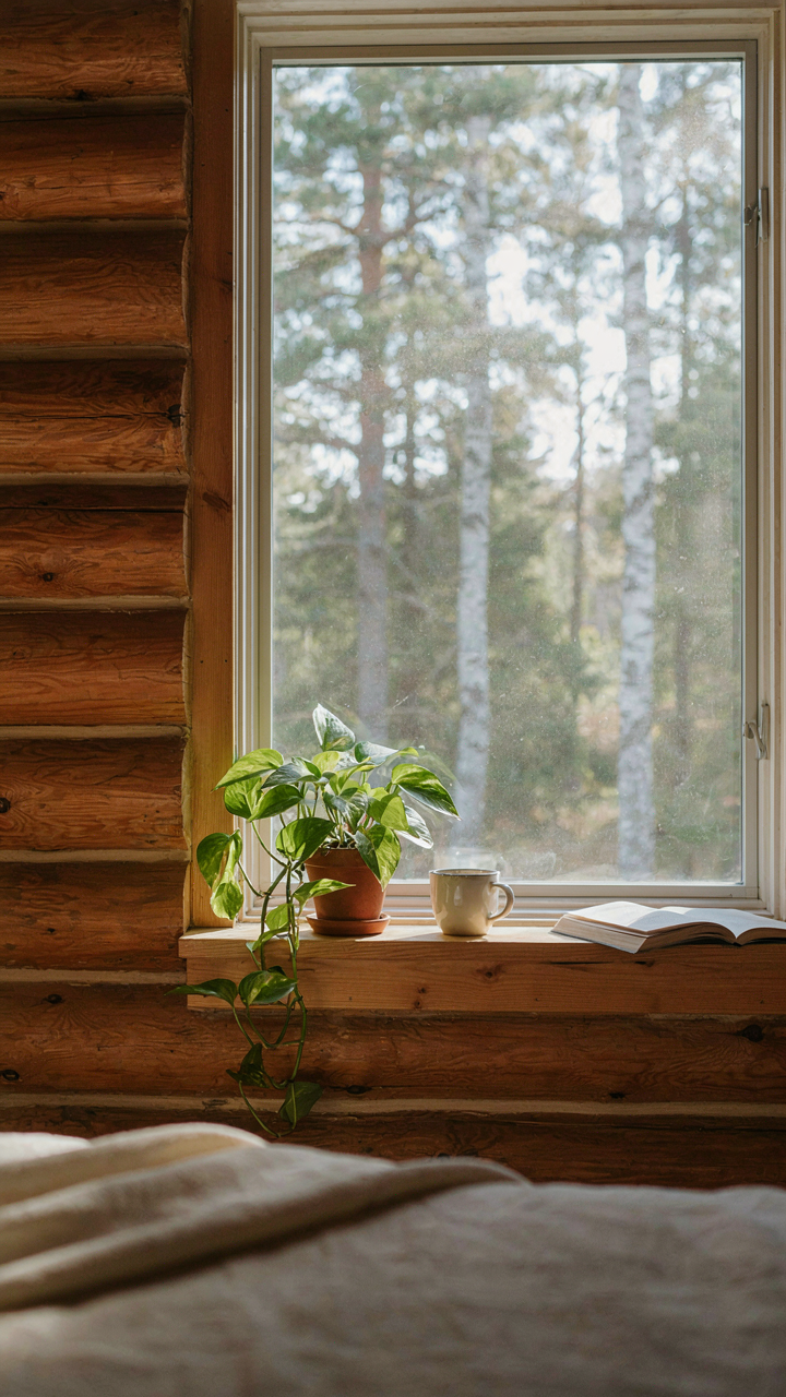 A pothos plant on a shelf in a log cabin bedroom with a forest view.