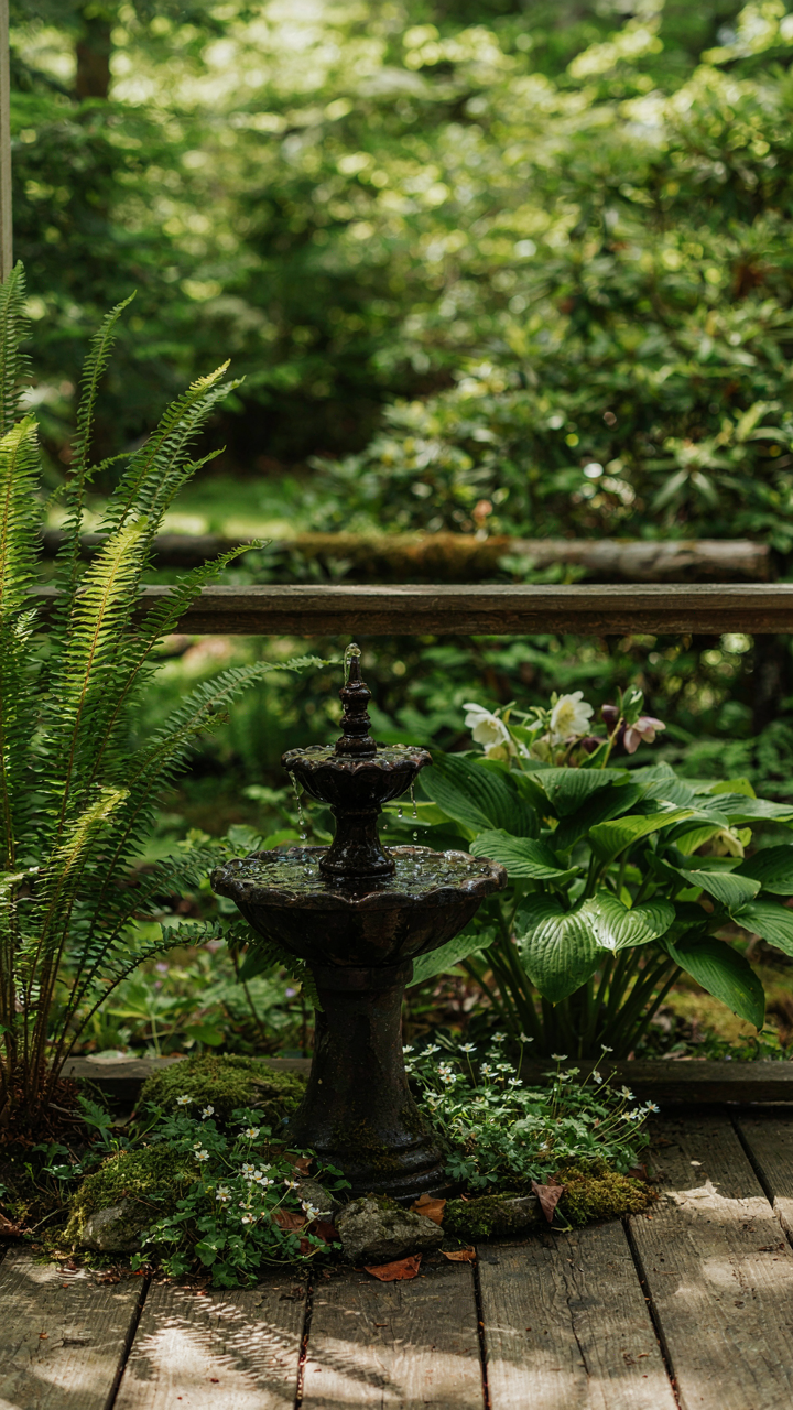 A small recirculating fountain and lush plants on a cabin porch. Biophilic cabin porch ideas.
